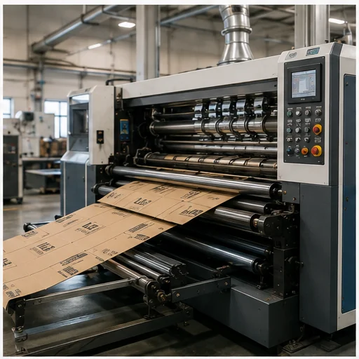 Corrugated board running through a printing machine.