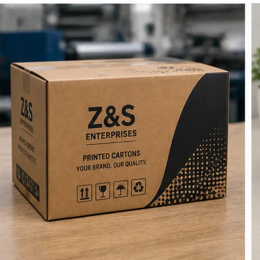Custom-printed cartons carrying brand artwork.