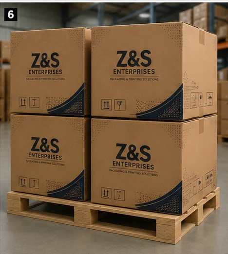 Palletized corrugated boxes ready for shipping.